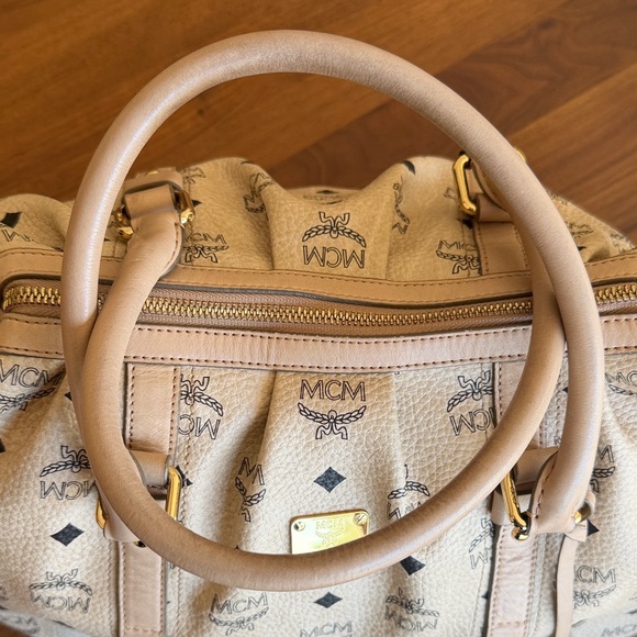 MCM Beige Visetos Leather Boston Bag with Gold Hardware - Picture 12 of 14